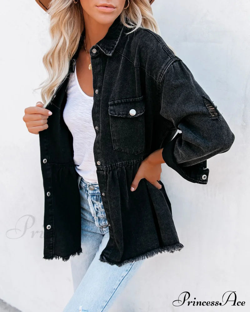 Distressed Denim Button Down Shirt Jacket Coats-L