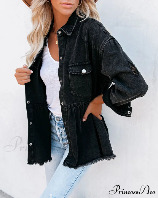 Distressed Denim Button Down Shirt Jacket Coats-L