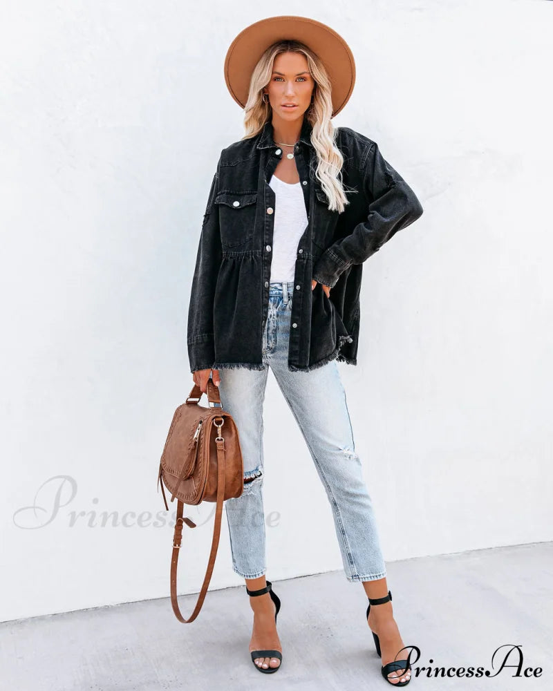 Distressed Denim Button Down Shirt Jacket Coats-L