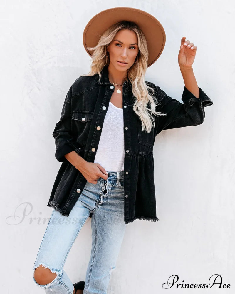 Distressed Denim Button Down Shirt Jacket Coats-L