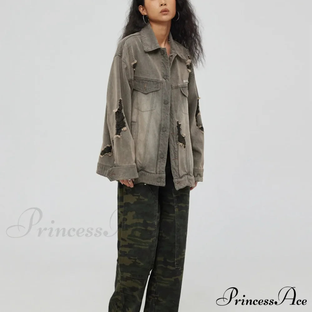 Distressed Denim With Collar Vintage Large Pockets Chic Stylish Elegant Fashionable Versatile