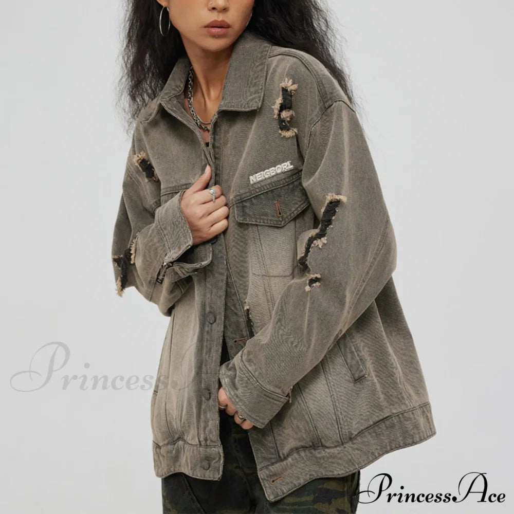 Distressed Denim With Collar Vintage Large Pockets Chic Stylish Elegant Fashionable Versatile