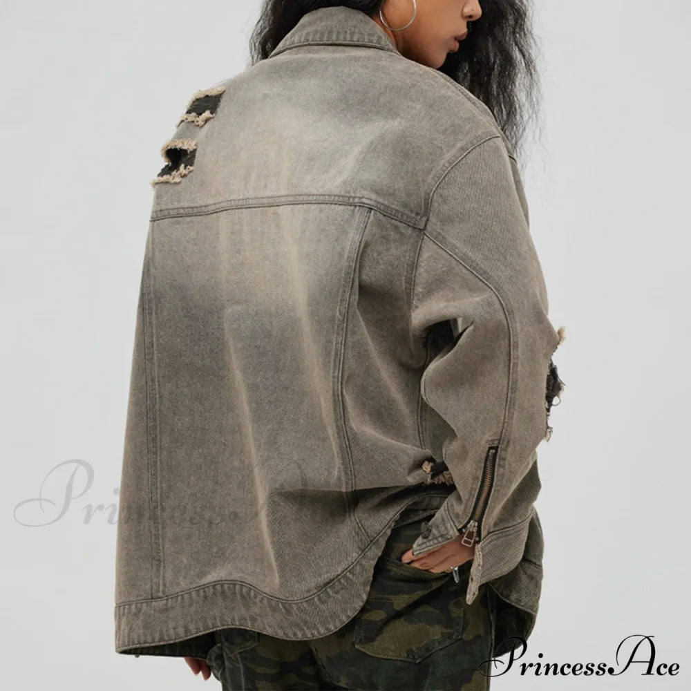 Distressed Denim With Collar Vintage Large Pockets Chic Stylish Elegant Fashionable Versatile