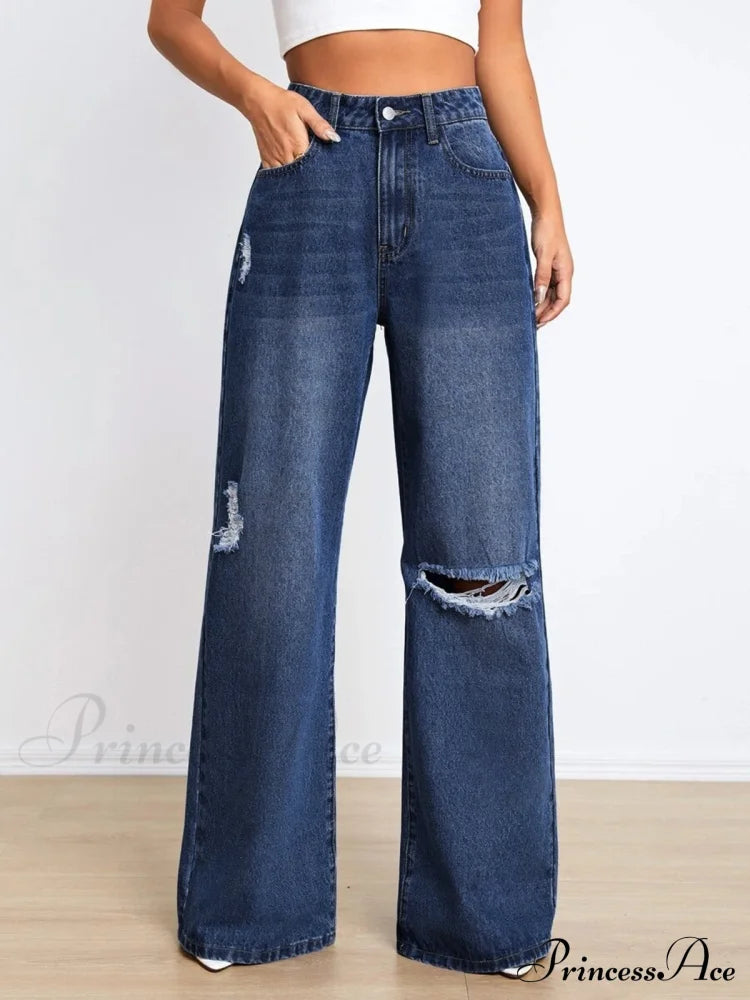 Distressed Details Graceful Denim Boyfriend Jeans Blue / S