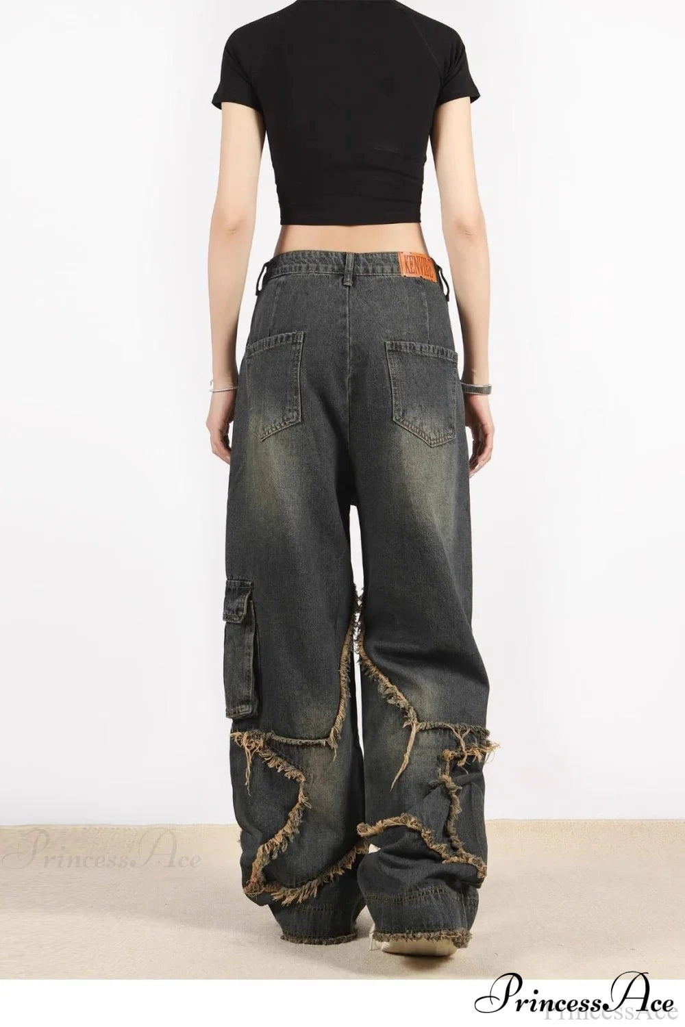 Distressed Frayed Star Straight Leg Hip Hop Jeans