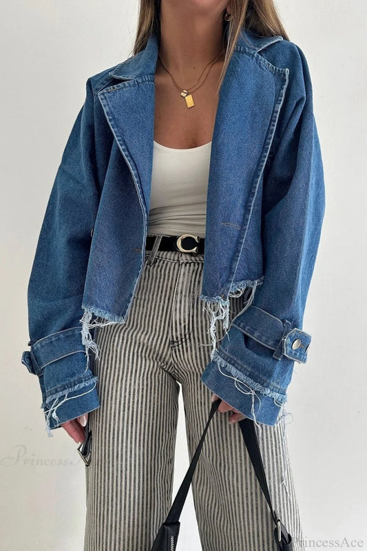 Distressed Lapel Denim Chic Jacket Blue / S
