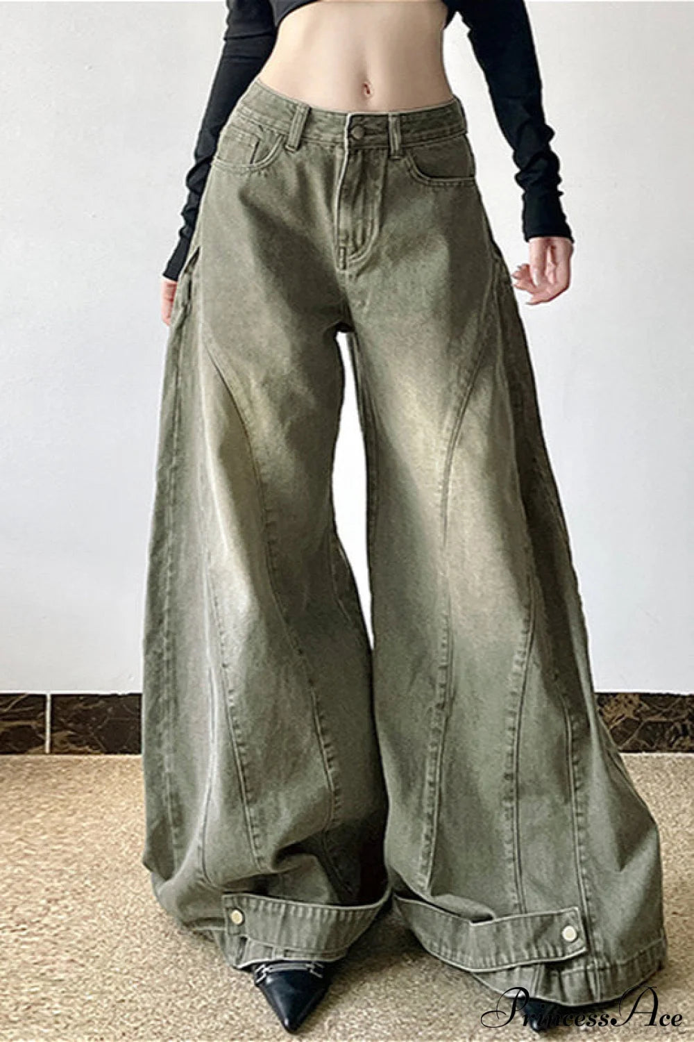 Distressed Low Waist Flared Wide Leg Jeans Green / S