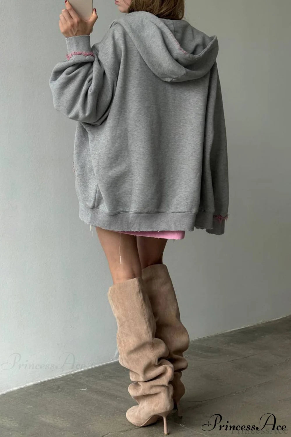 Distressed Pink Zip Loose Hoodie