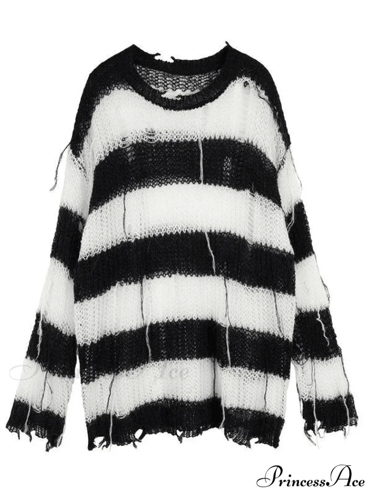 Distressed Striped Graceful Crop Sweater Sweaters-L