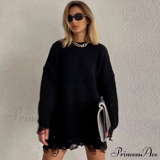 Distressed Striped Graceful Knit Top M / Black Sweater Dresses