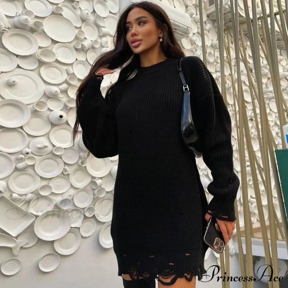 Distressed Striped Graceful Knit Top S / Black Sweater Dresses