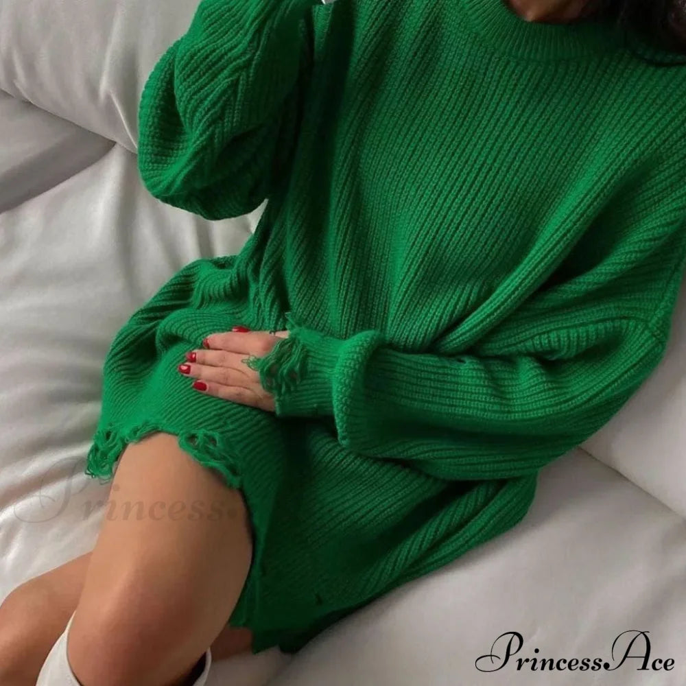 Distressed Trim Pullover Sweater Modern Mini Dress - Black L / Emerald Green Dresses