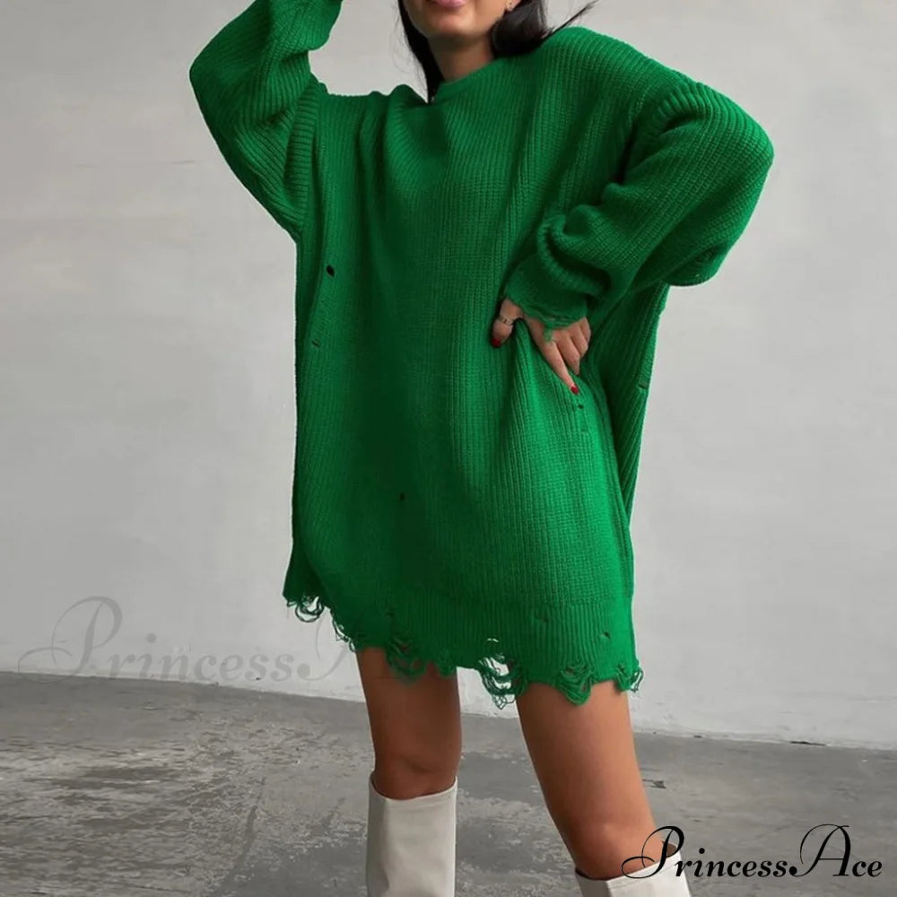 Distressed Trim Pullover Sweater Modern Mini Dress - Black S / Emerald Green Dresses