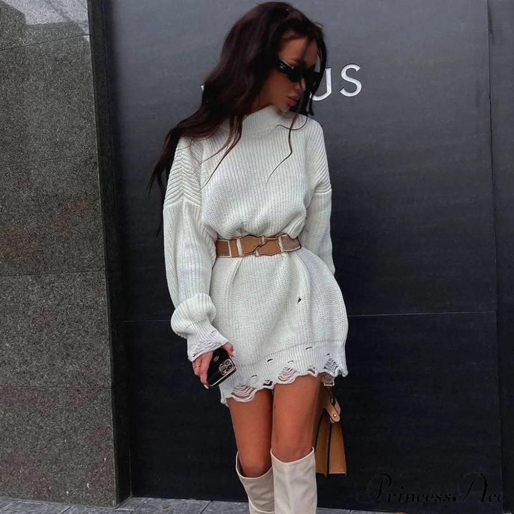 Distressed Trim Pullover Sweater Modern Mini Dress - Rose S / White Dresses