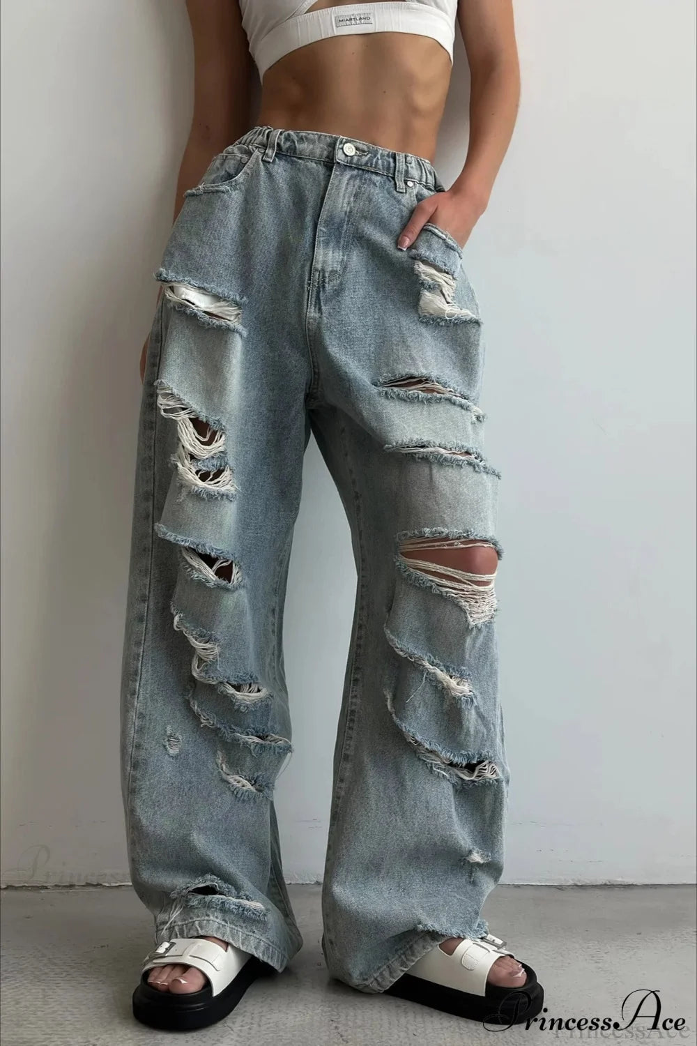 Distressed Washed Floor Length Street Jeans Blue / S