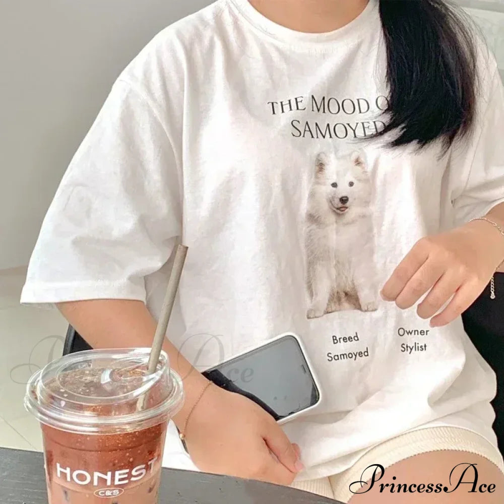 Dog And Letter Charming Print Graphic Tee Cotton Tees
