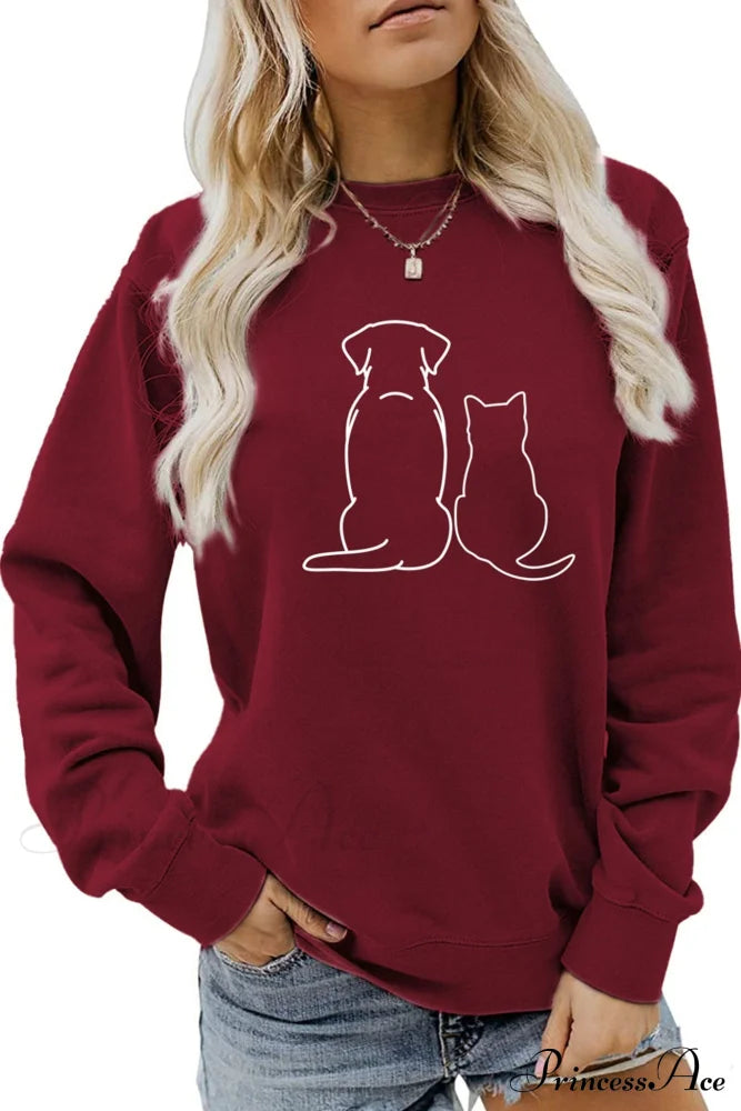 Dog & Kitty Graphic Sweatshirt Maroon / S Sweatshirts