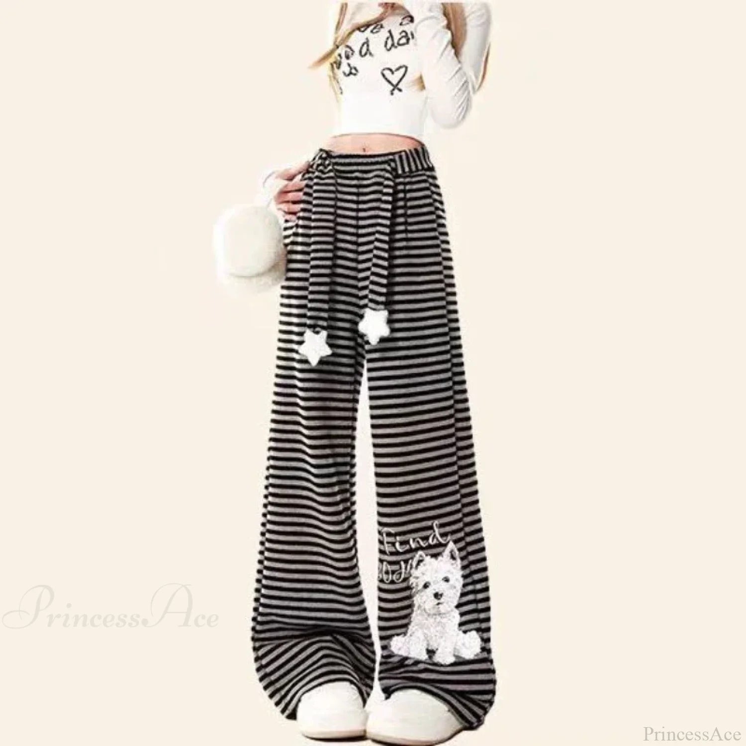 Dog Print Striped Fleece Casual Pants