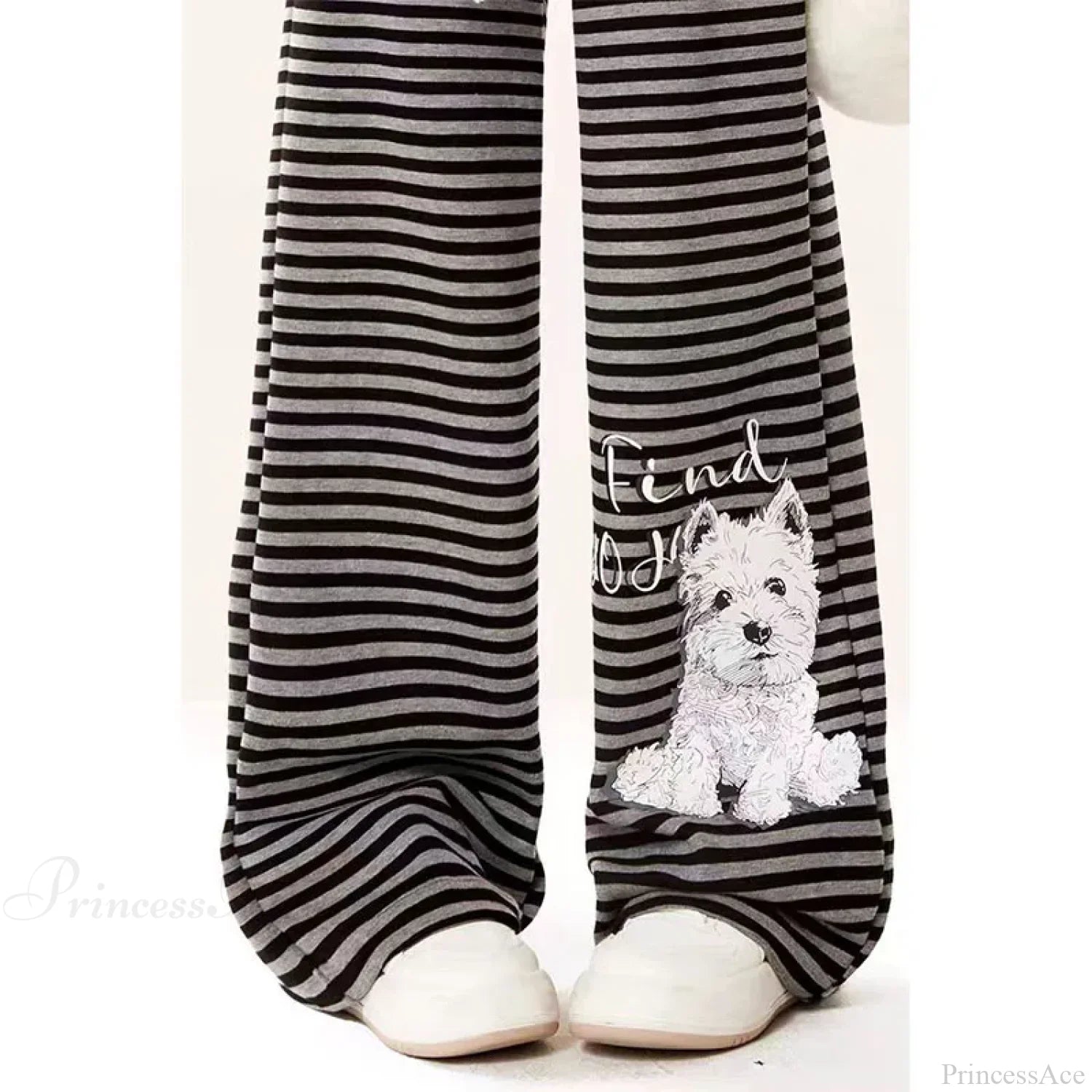 Dog Print Striped Fleece Casual Pants