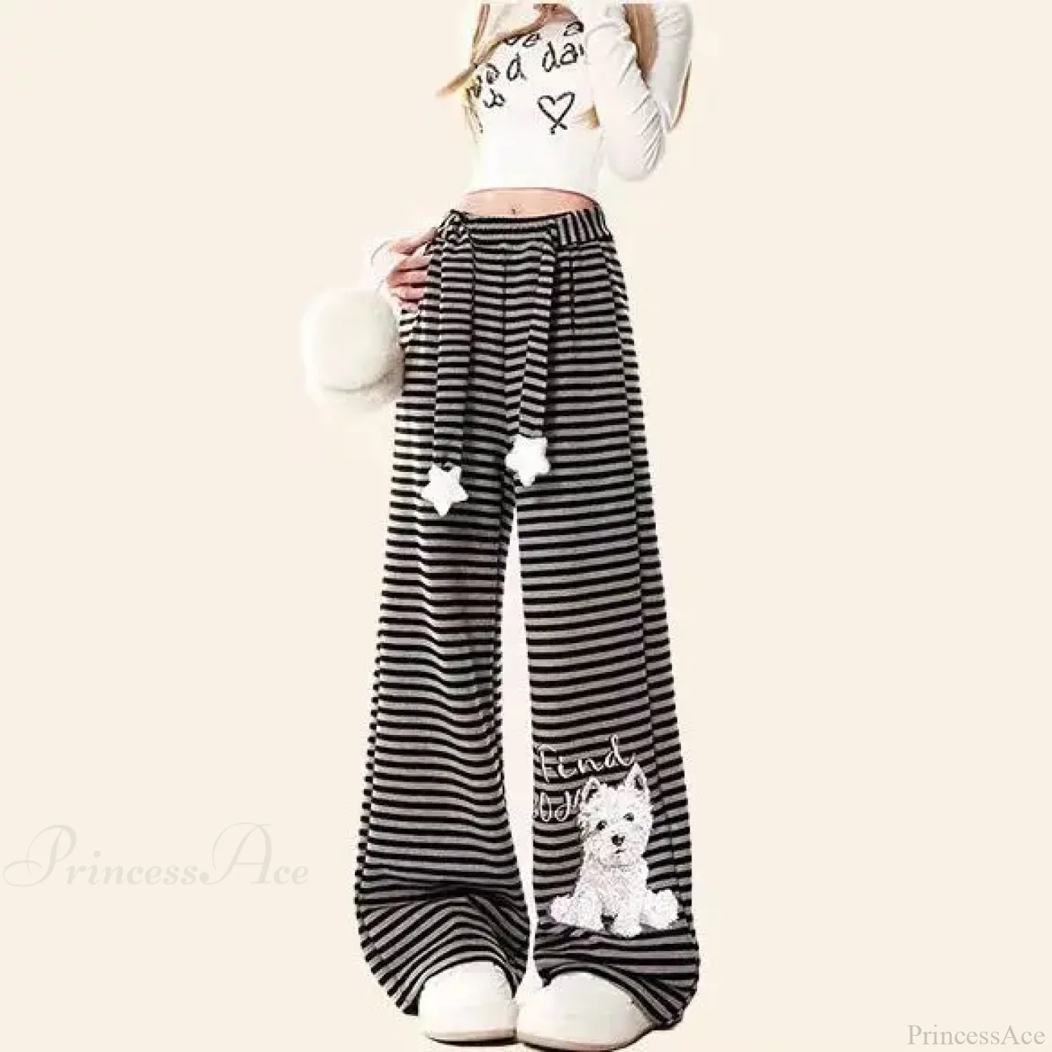 Dog Print Striped Fleece Casual Pants black 1 / S
