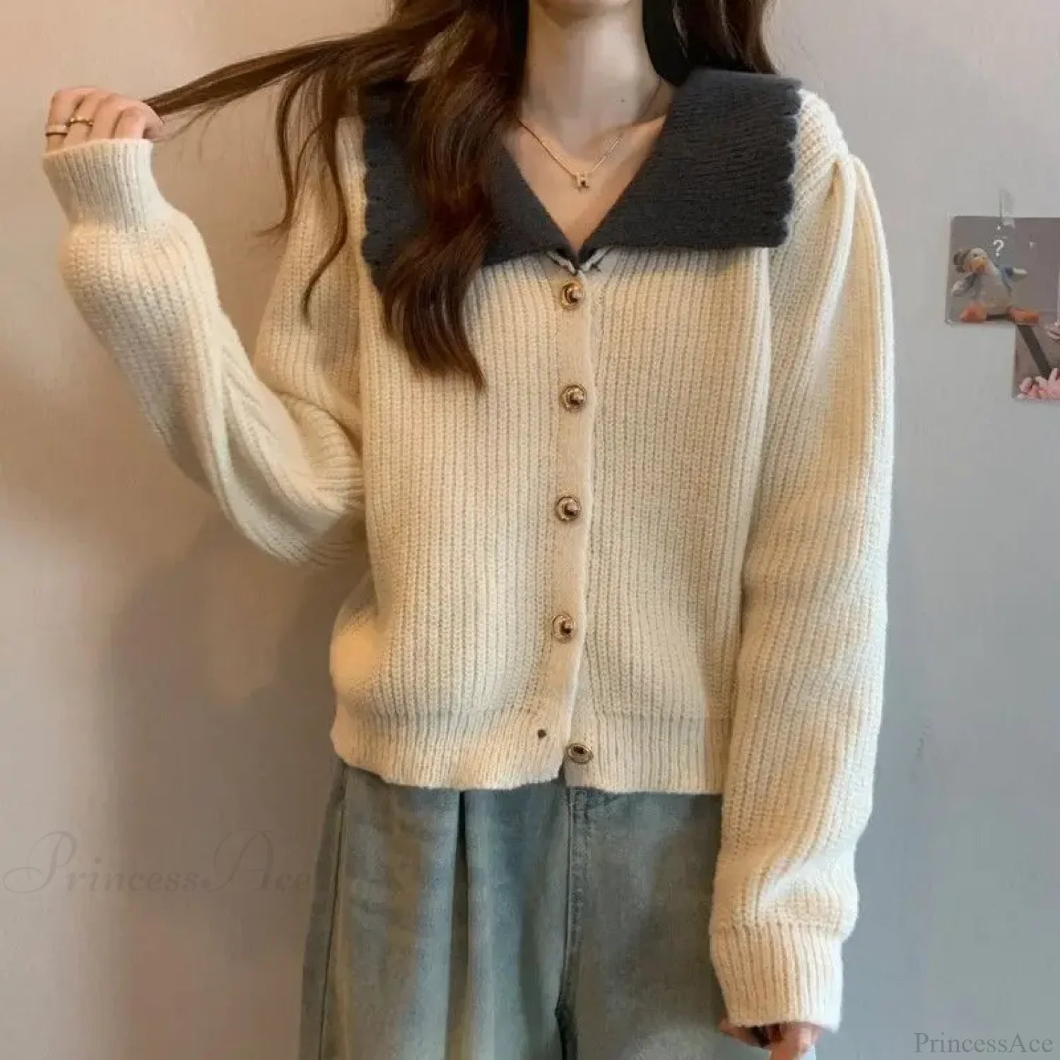 Doll Neck Single Breasted Loose Knit Cardigan cardiagn-250126