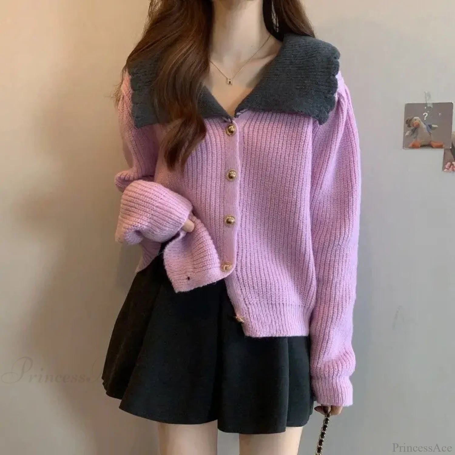 Doll Neck Single Breasted Loose Knit Cardigan cardiagn-250126