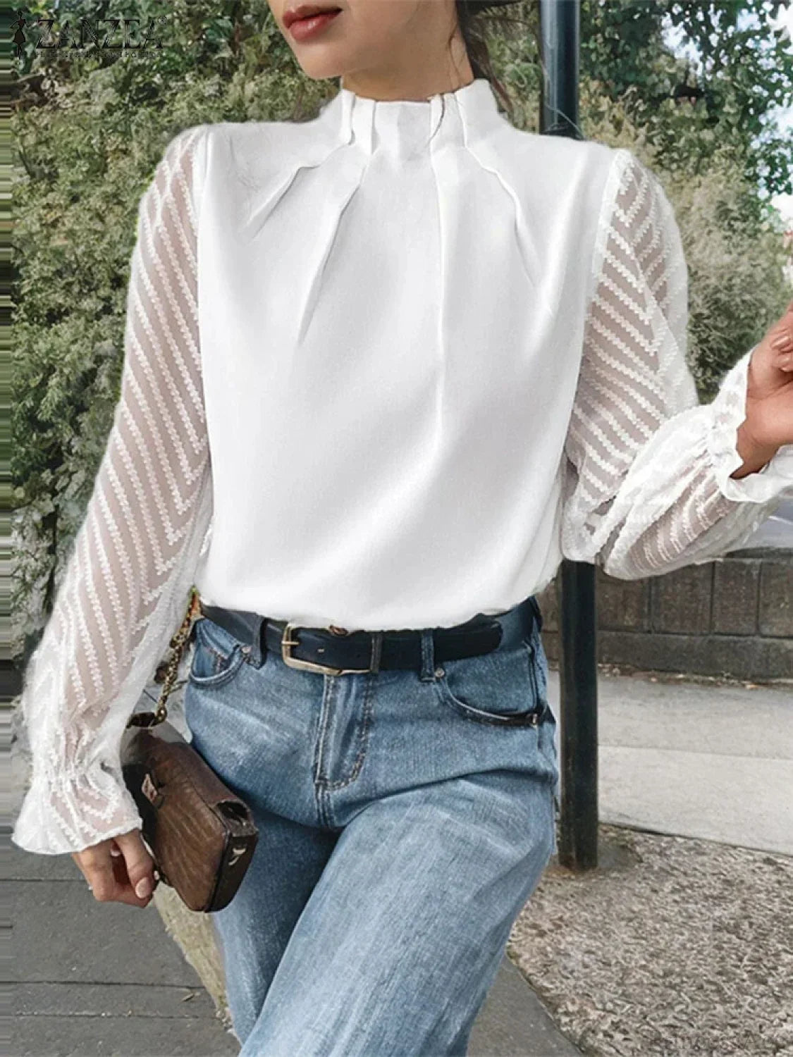 Dot Pleated Mock Neck Long Sleeve Blouse blouse-250126