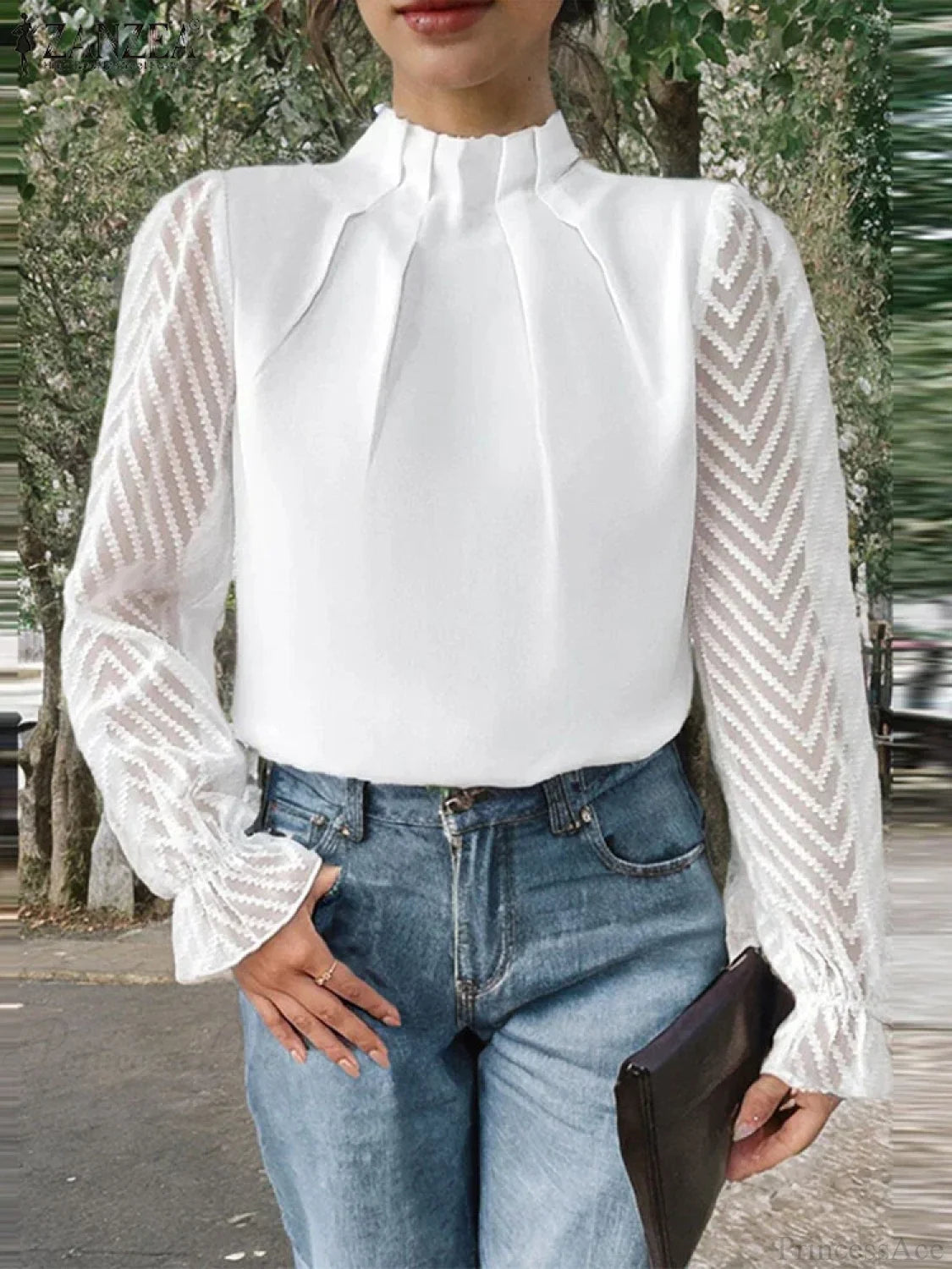 Dot Pleated Mock Neck Long Sleeve Blouse WHITE / S blouse-250126