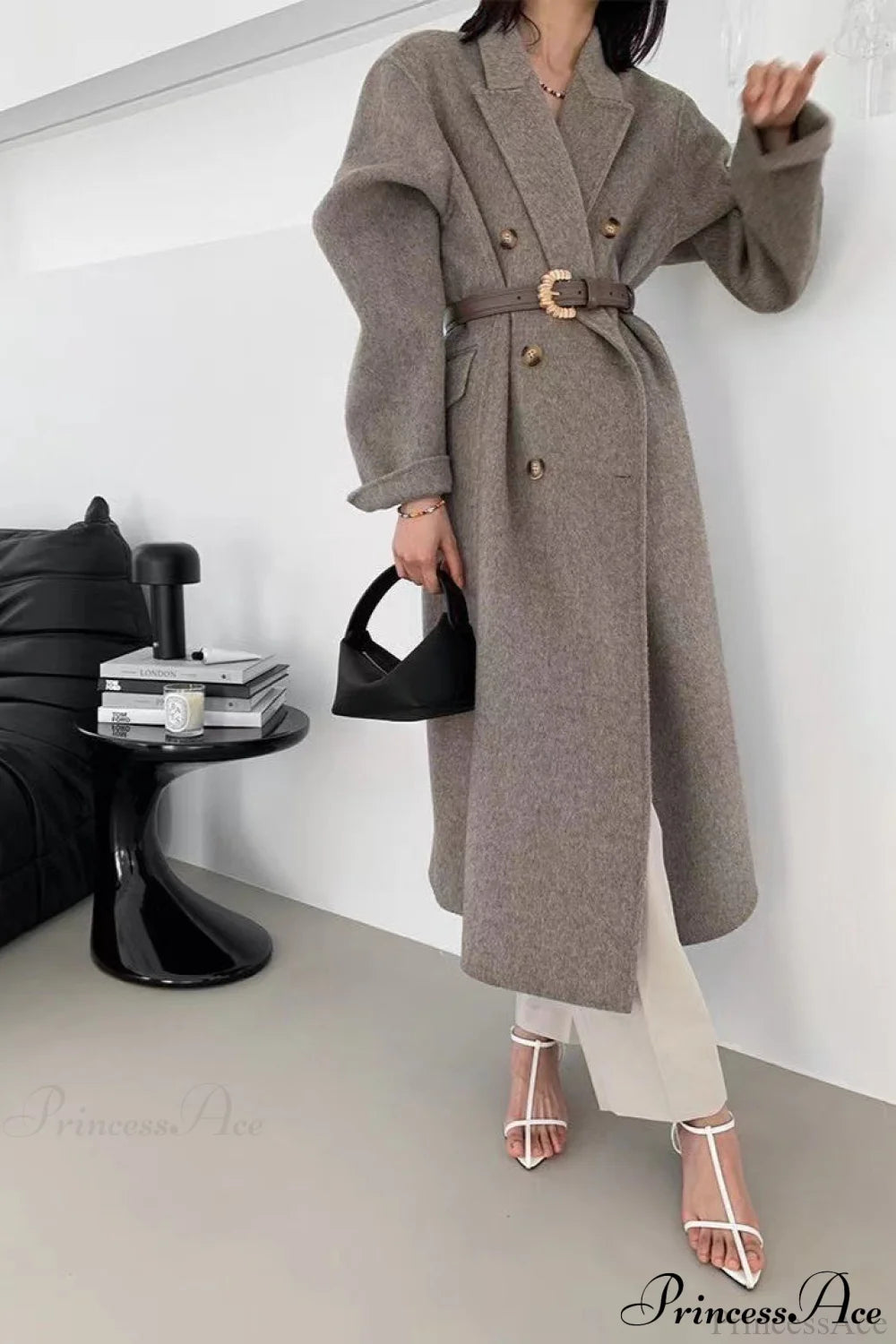 Double-Breasted Reversible Wool Long Oversized Overcoat Coffee / S