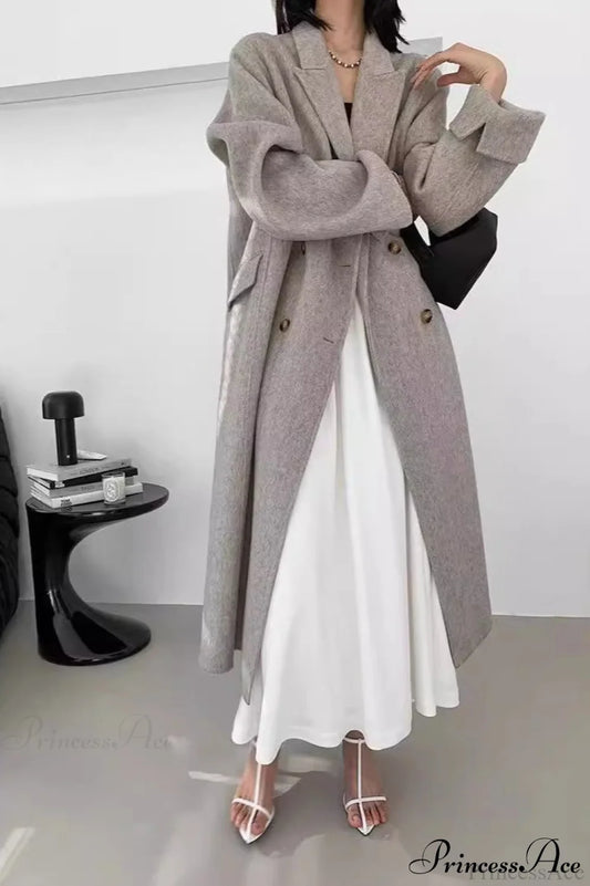 Double-Breasted Reversible Wool Long Oversized Overcoat Light Gray / S