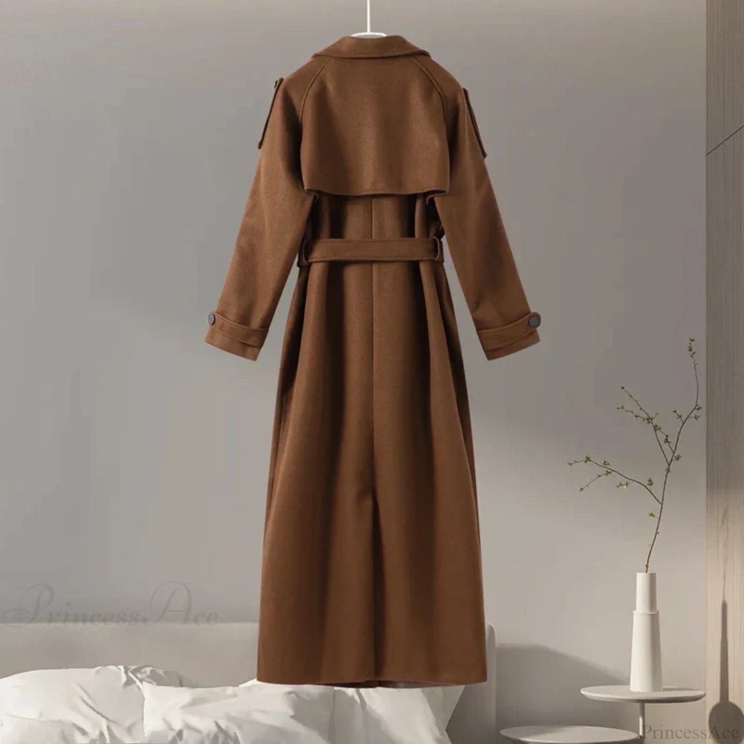 Double-Breasted Wool Belted Overcoat Brown / S