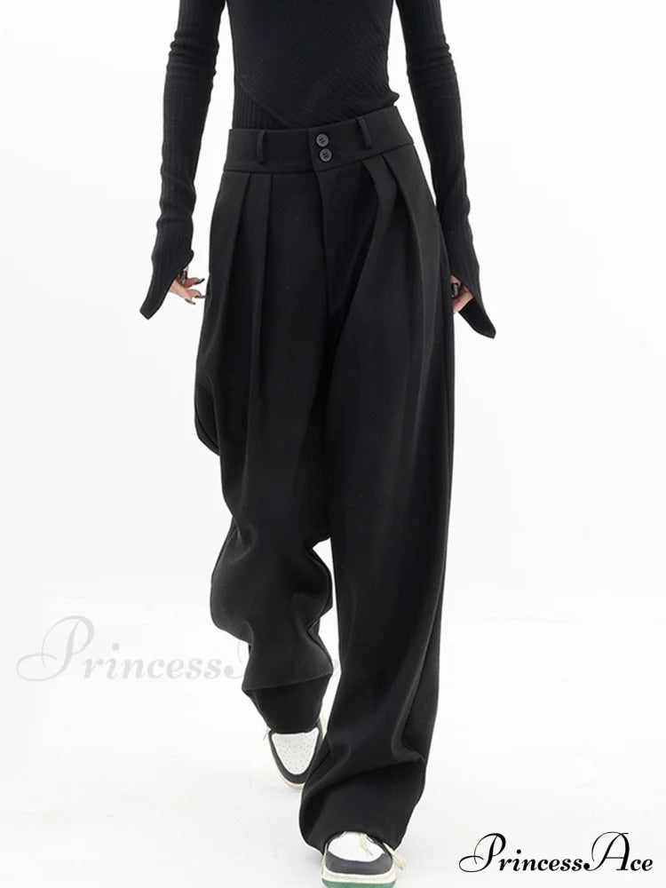 Double Buttons Wide Trendy Leg Dress Pants Black / Xs