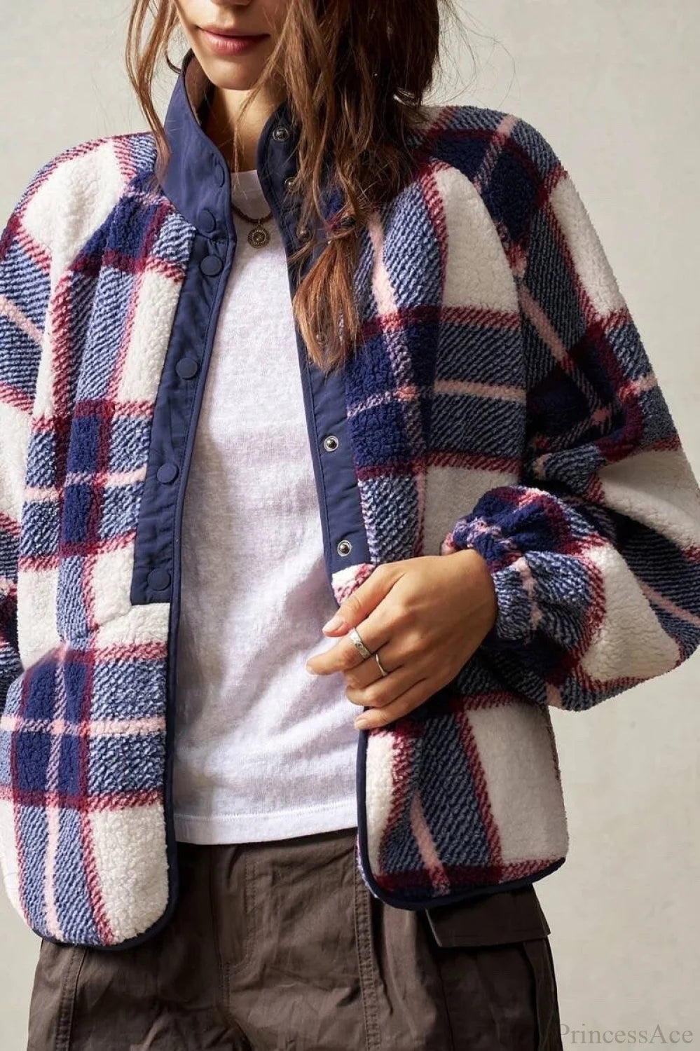 Double-Fleece Plaid Wool Long Sleeve Jacket