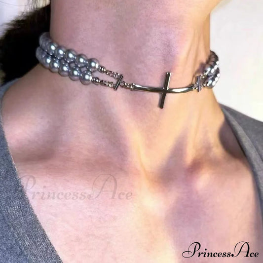 Double Layer Pearl Choker High-End Sweet Cool Necklace Grey Halloween