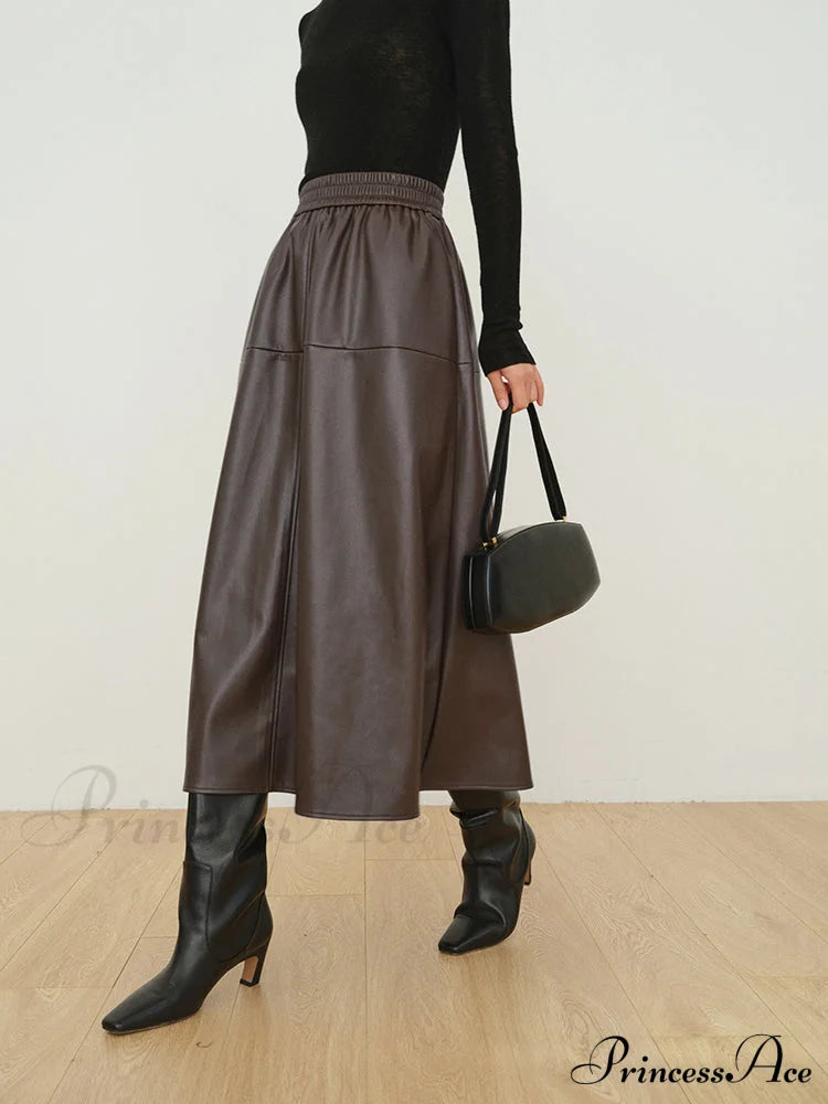 Double Pockets Graceful Leather Maxi Skirt Dark Brown / Xs Skirts