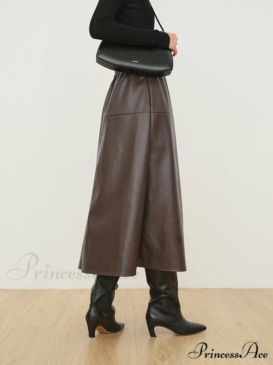 Double Pockets Graceful Leather Maxi Skirt Skirts