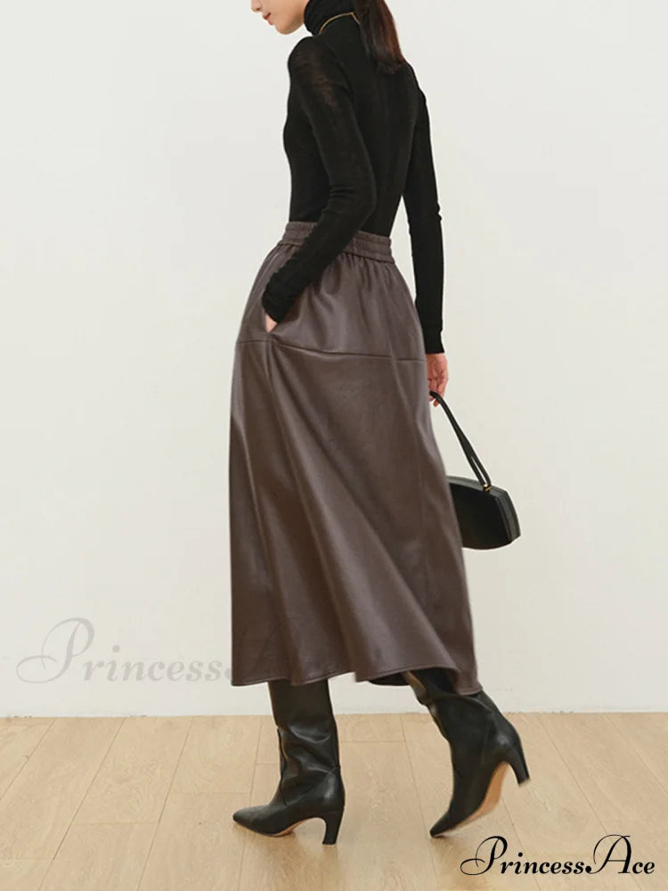 Double Pockets Graceful Leather Maxi Skirt Skirts