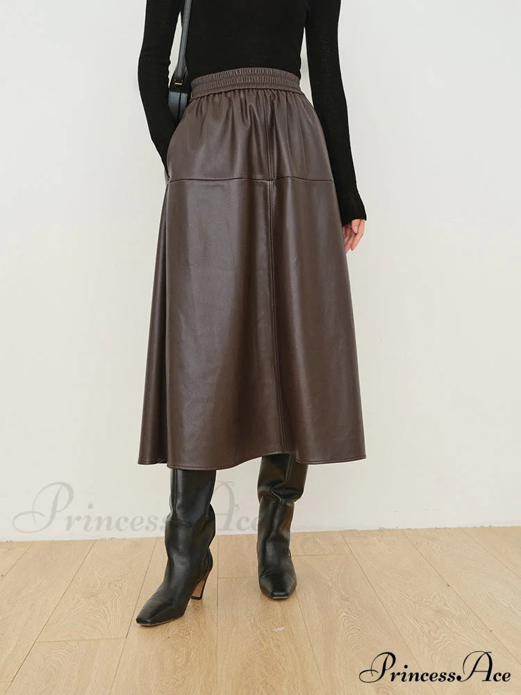 Double Pockets Graceful Leather Maxi Skirt Skirts