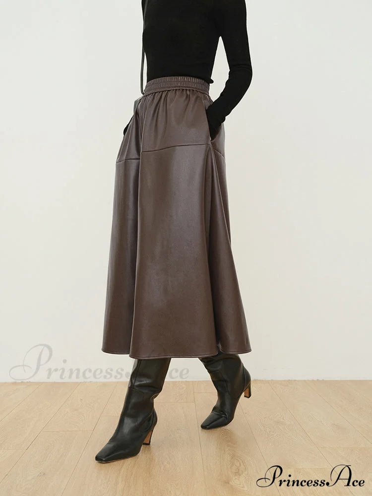 Double Pockets Graceful Leather Maxi Skirt Skirts