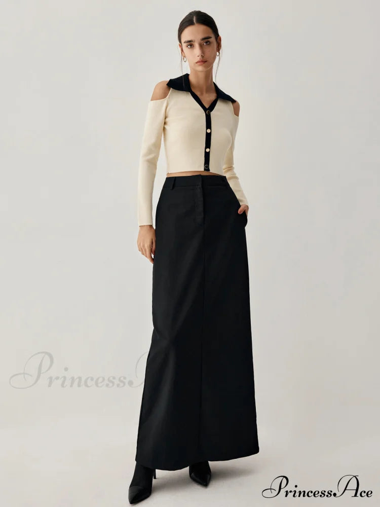 Double Pockets High Trendy Waist Maxi Skirt Skirts