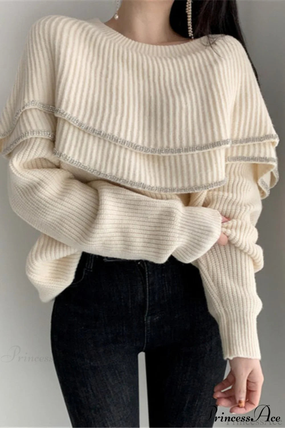 Double Ruffled Off-Shoulder French Vintage Knit Top