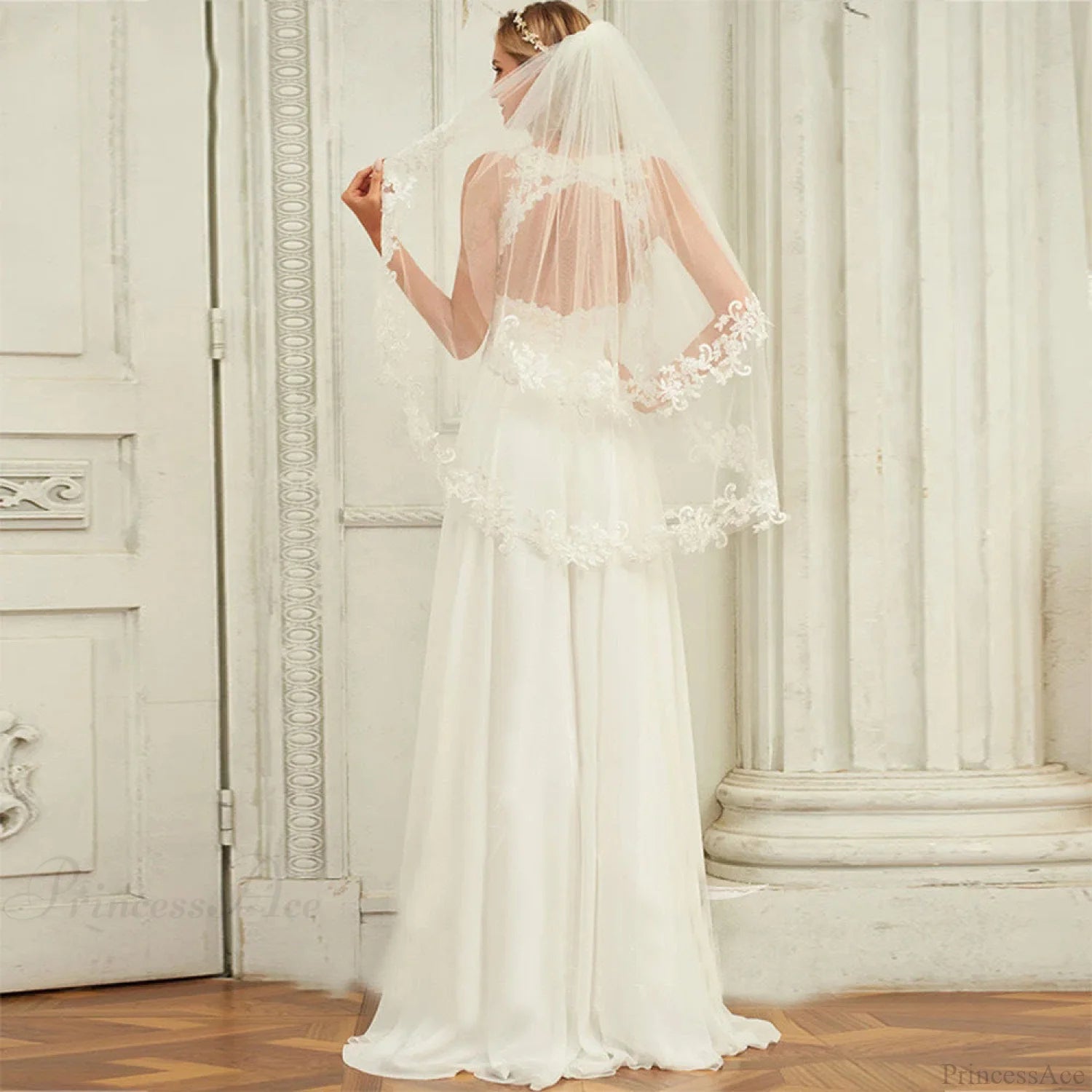 Double Strap Deep V-Neck Lace Wedding Dress white / 2 weddingdress-250223