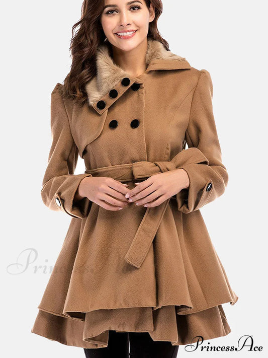 Double V Neck Trendy Contrast Mesh Midi Dress Camel / M Coats-L