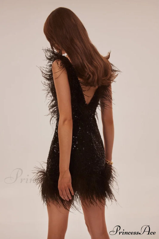 Dramatic Cocktail Dress On Straps Trendy Decorated With Sequins And Feathers