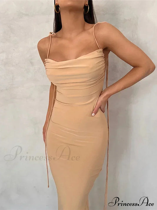 Draped Backless Maxi Dress Apricot / S