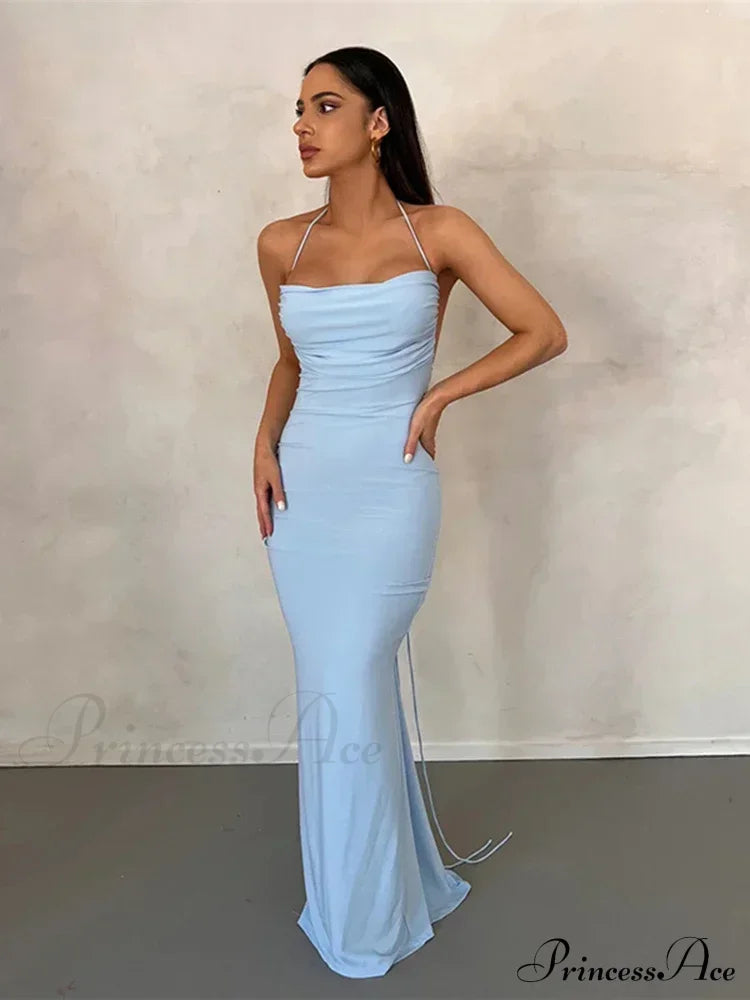 Draped Backless Maxi Dress Blue / S