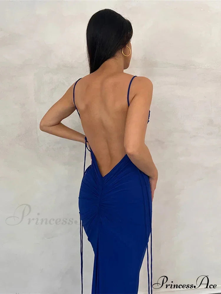 Draped Backless Maxi Dress Dark Blue / S