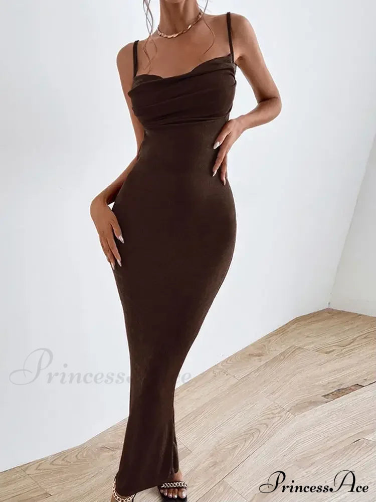 Draped Sleeveless Spaghetti Strap Summer Midi Dress Brown / S