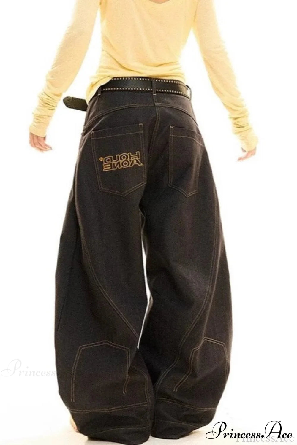 Drapey Curved Wide-Leg Floor-Length Jeans