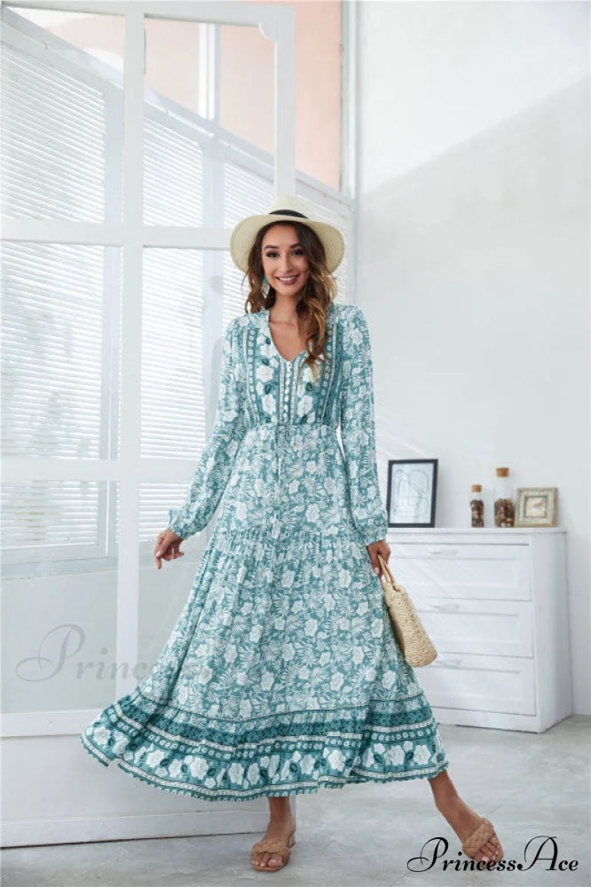 Drawstring Gown Button Flowered Front Lantern Full-Length V-Neck Arm Design For Women Women’s